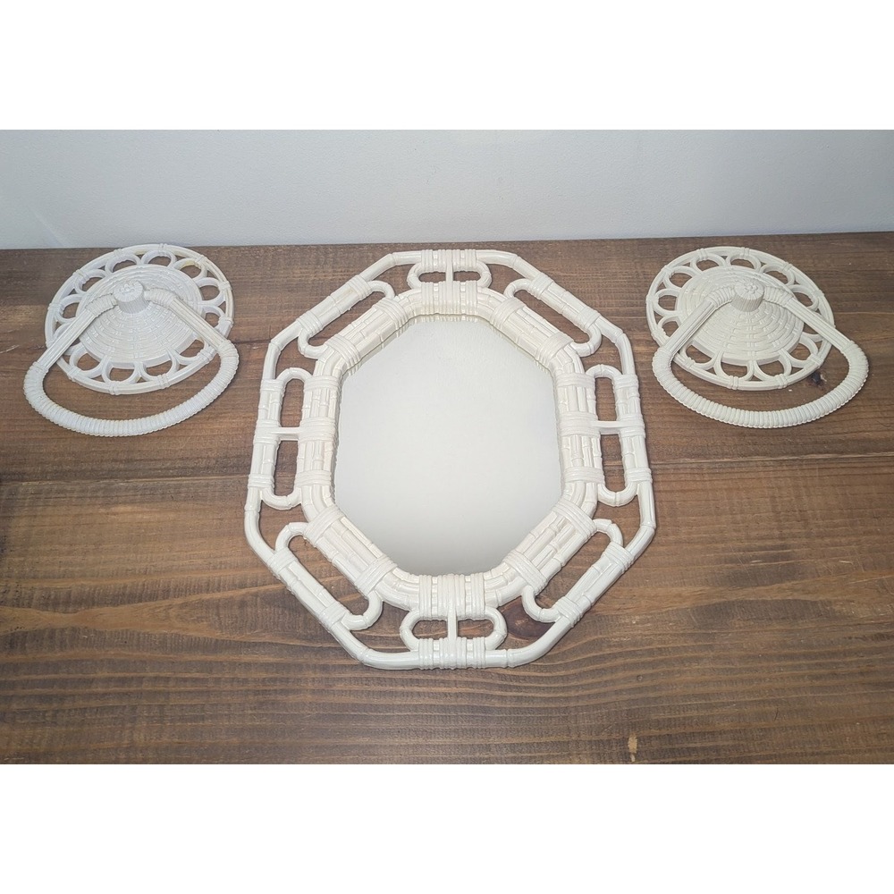 Homco Vintage‎ Faux Bamboo Mirror and 2 Wall Towel Holder White 1970s 1980s USA